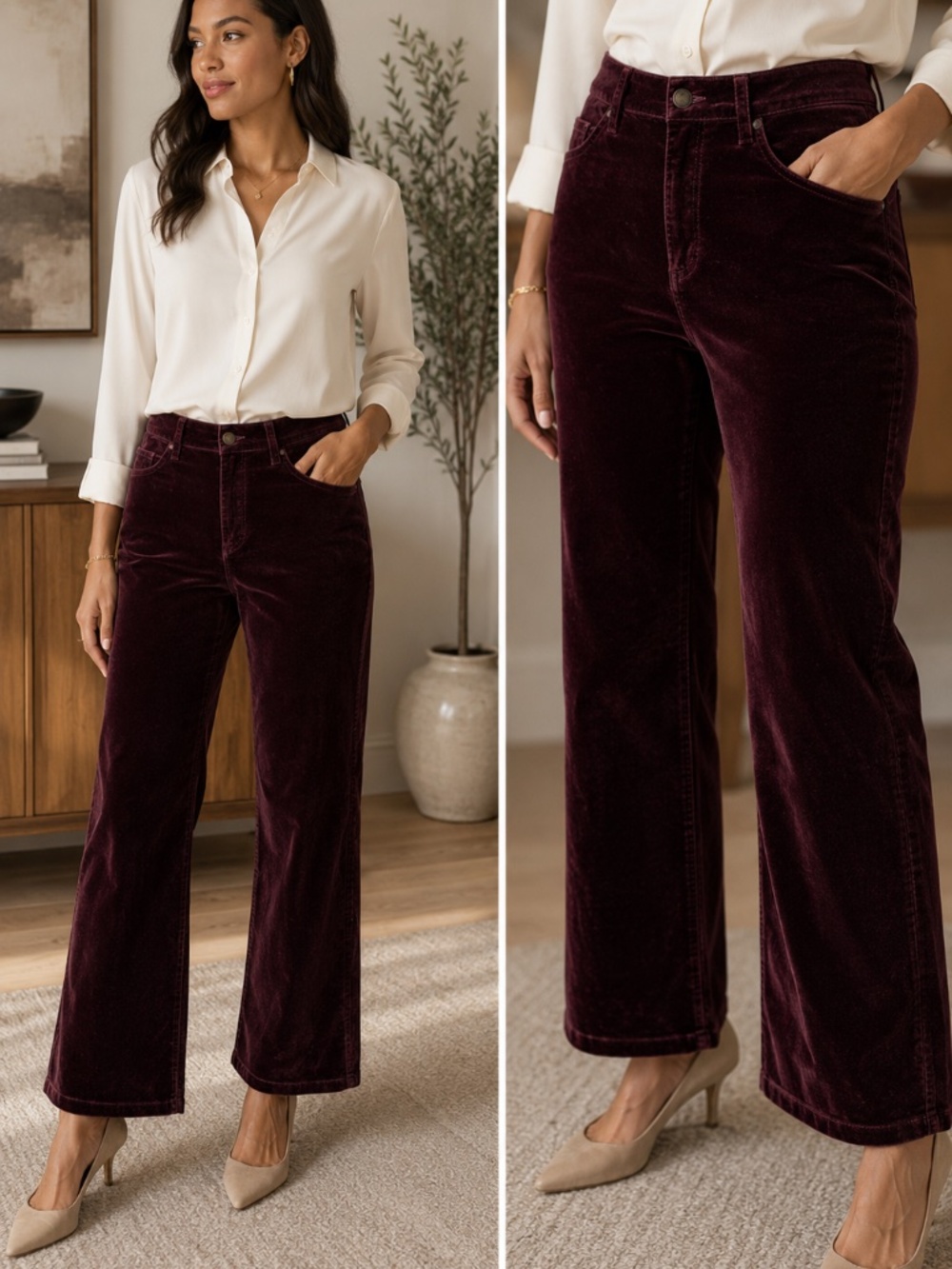 Peruvian Connection Wine Velvet Cotton Blend Straight Leg Pants Size 8